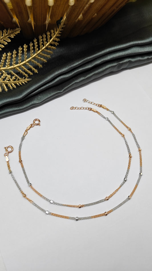 925 Silver Two Tone Layer Rose Gold-Silver Colour Design Anklet Pair