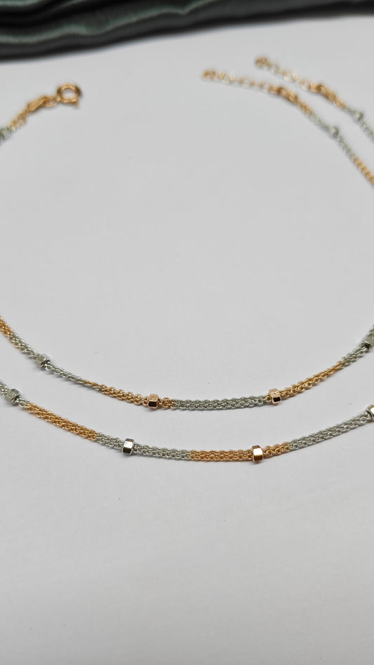 925 Silver Two Tone Layer Rose Gold-Silver Colour Design Anklet Pair
