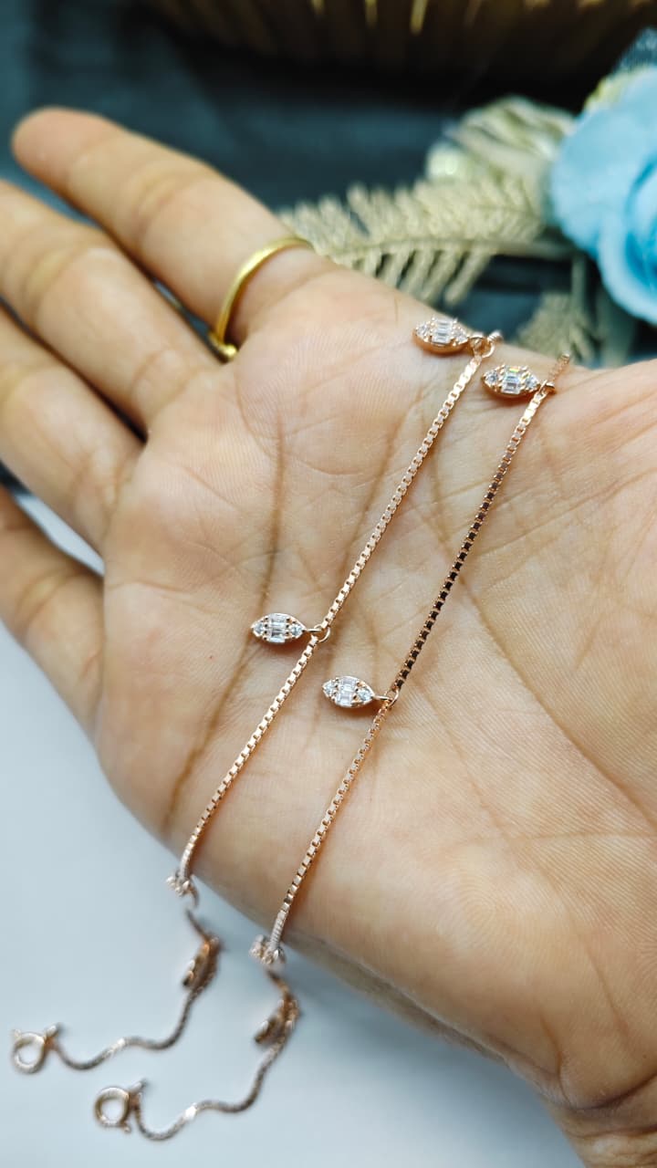 925 Silver Rose Gold Colour White Stone Hanging Design Anklets