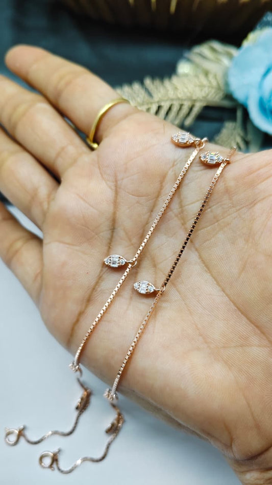 925 Silver Rose Gold Colour White Stone Hanging Design Anklets