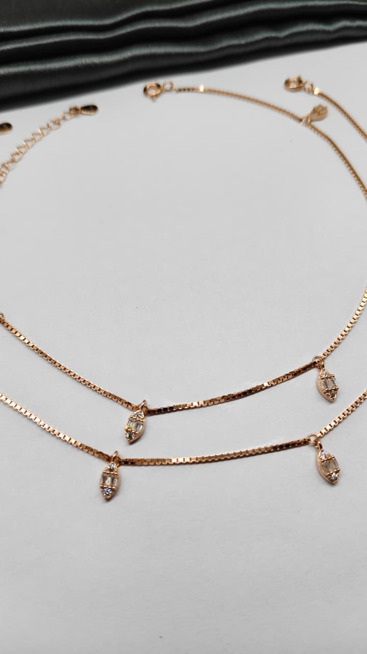 925 Silver Rose Gold Colour White Stone Hanging Design Anklets