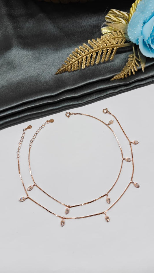 925 Silver Rose Gold Colour White Stone Hanging Design Anklets