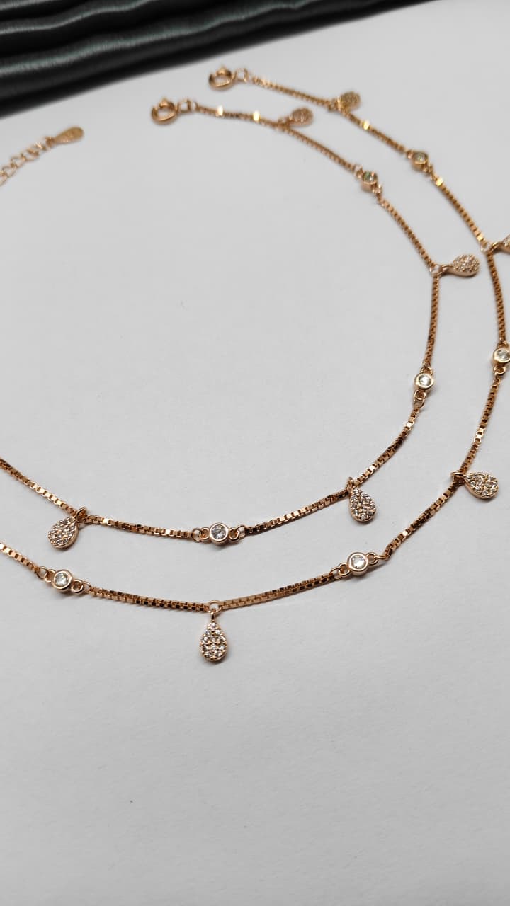 925 Silver Rose Gold Colour White Stone Hanging Design Anklets