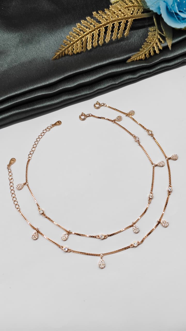 925 Silver Rose Gold Colour White Stone Hanging Design Anklets