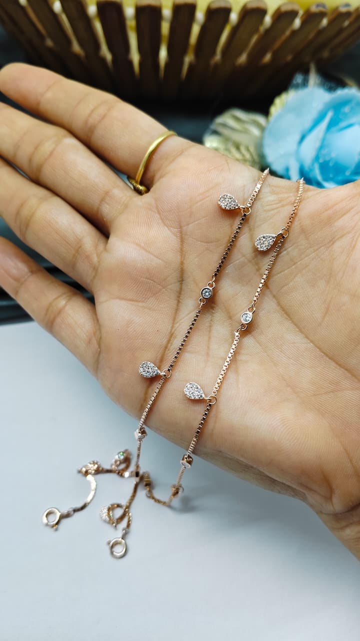 925 Silver Rose Gold Colour White Stone Hanging Design Anklets