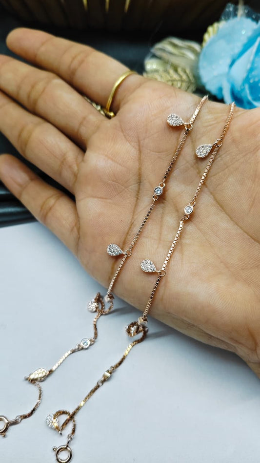 925 Silver Rose Gold Colour White Stone Hanging Design Anklets