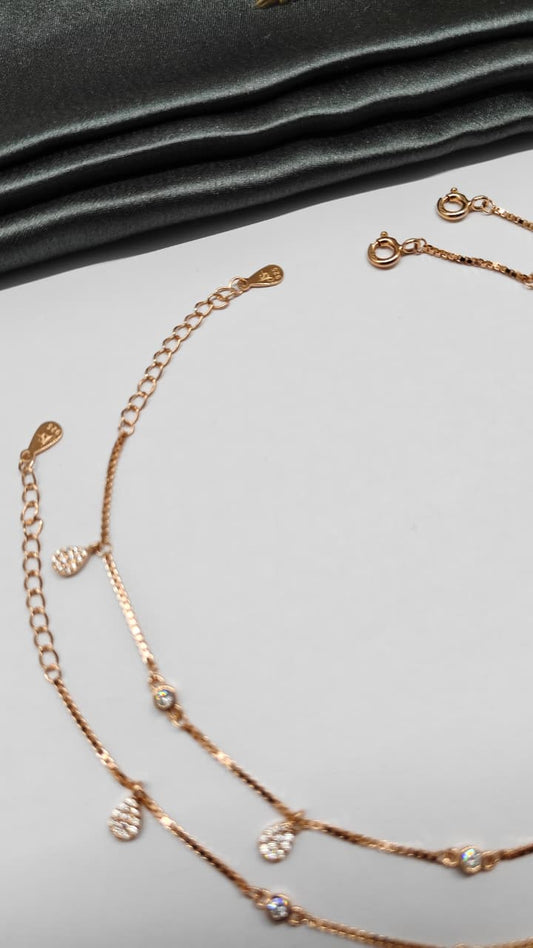 925 Silver Rose Gold Colour White Stone Hanging Design Anklets