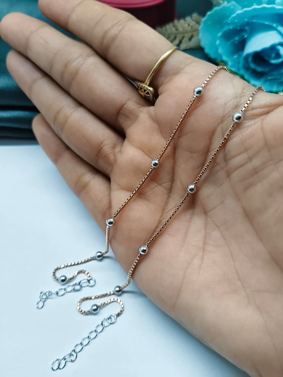 925 Silver Two Tone Rose Gold Silver Balls Design Anklet Pair