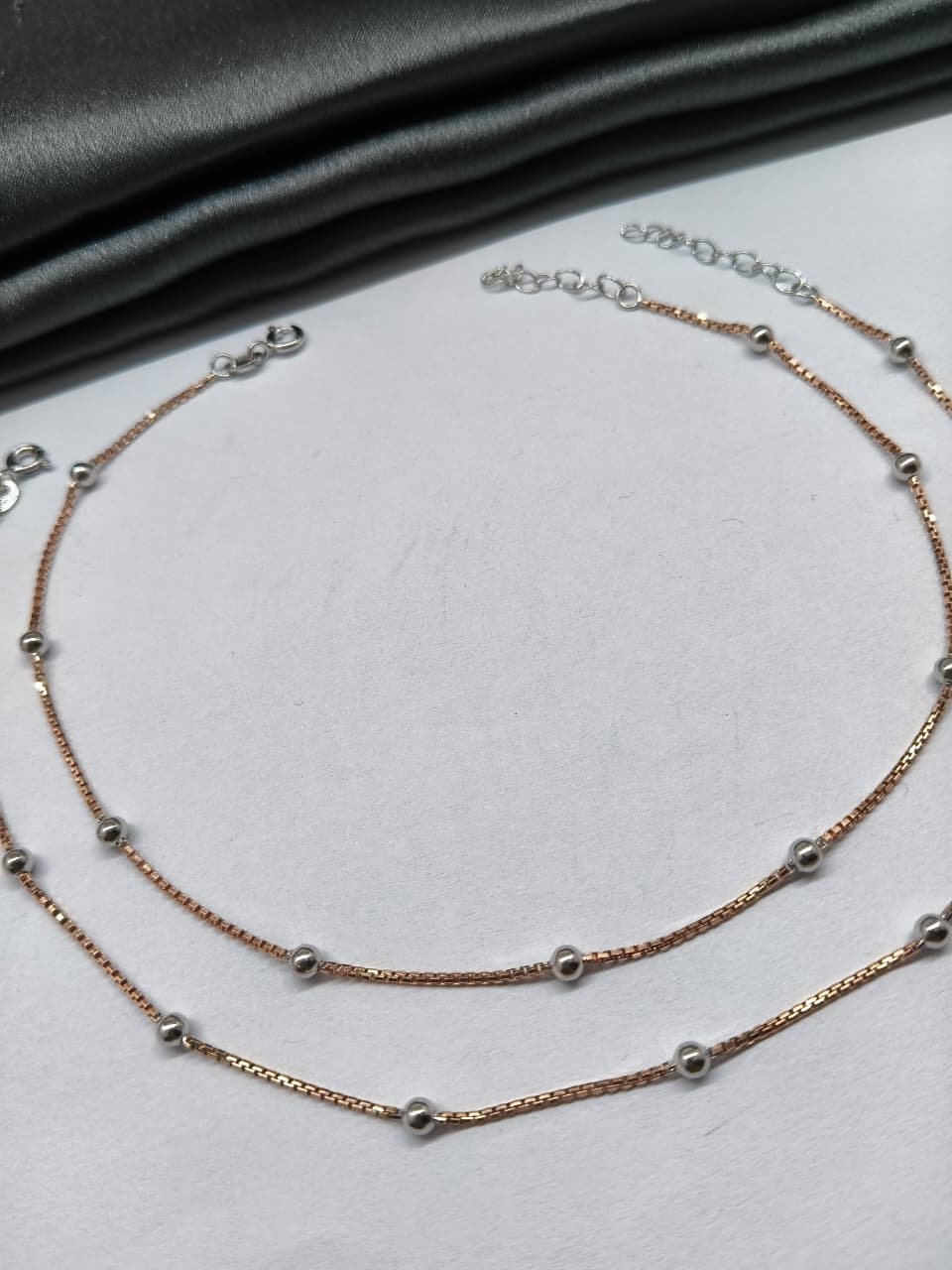 925 Silver Two Tone Rose Gold Silver Balls Design Anklet Pair
