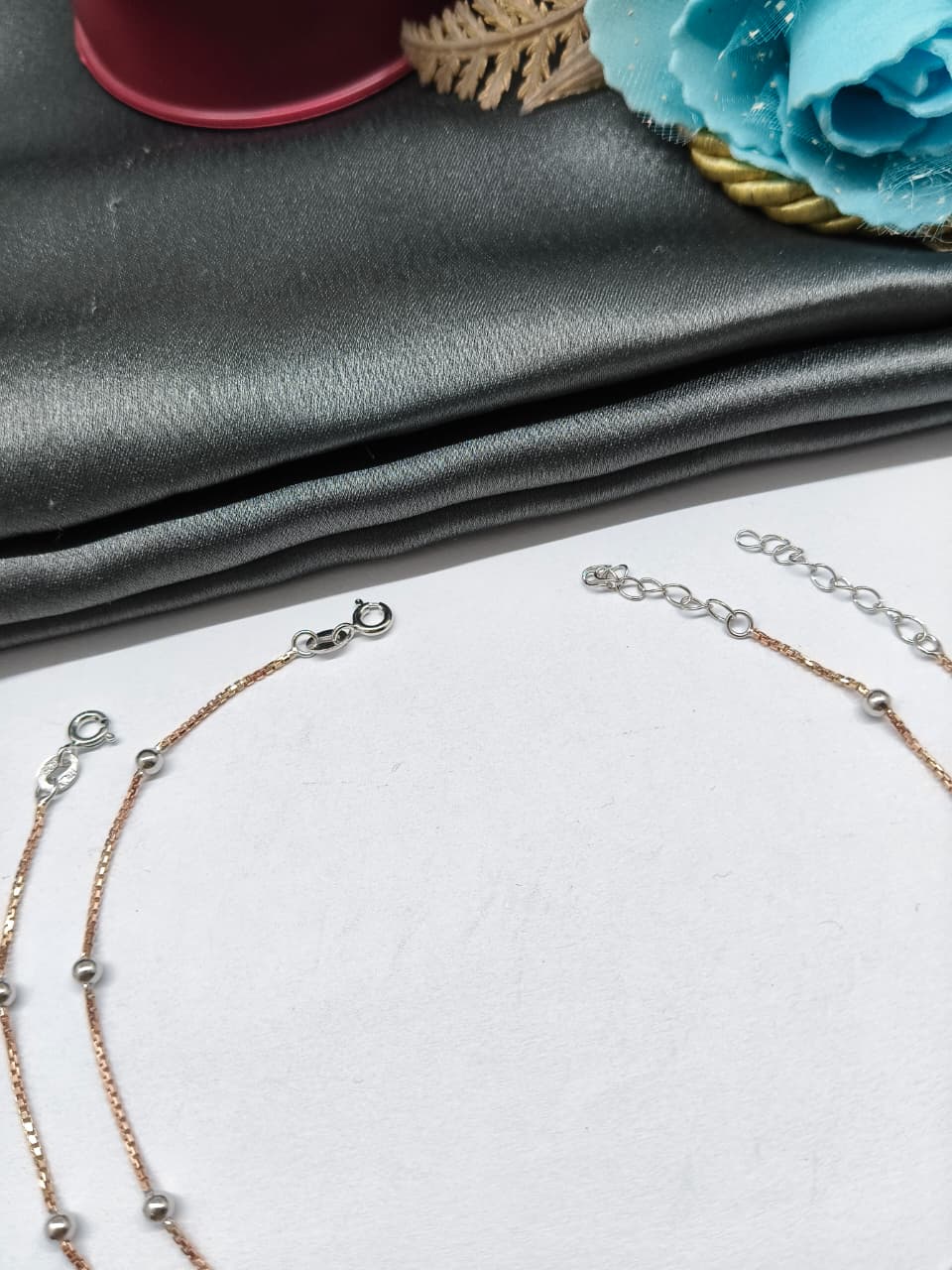 925 Silver Two Tone Rose Gold Silver Balls Design Anklet Pair