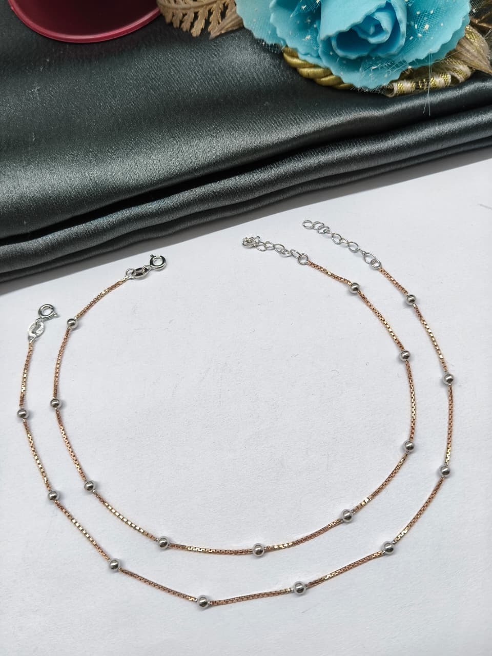 925 Silver Two Tone Rose Gold Silver Balls Design Anklet Pair