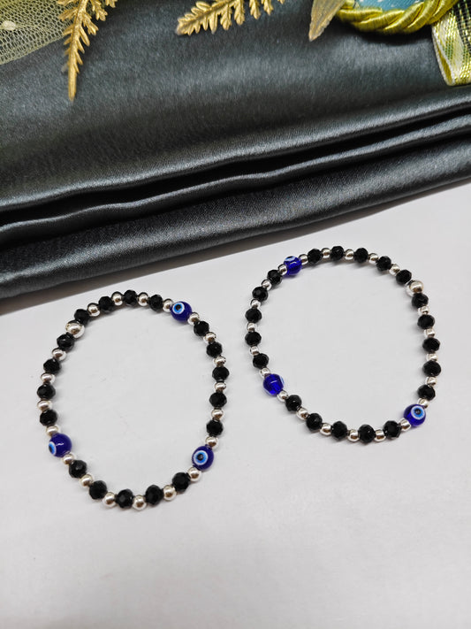 925 Silver Kids Nazariya Silver Beads With Black Beads 3 Small Evil Eye In Plastic Stretchable Anklet\Bracelet Pair