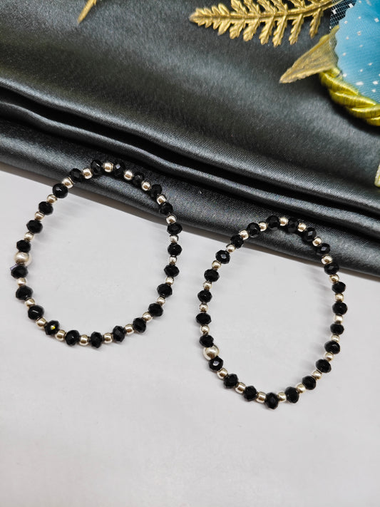 925 Silver Kids Nazariya Silver Beads With Black Beads in Plastic Stretchable Anklet\Bracelet Pair
