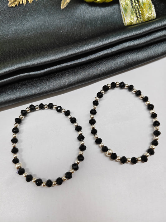 925 Silver Kids Nazariya Silver Beads With Black Beads in Plastic Stretchable Anklet\Bracelet Pair