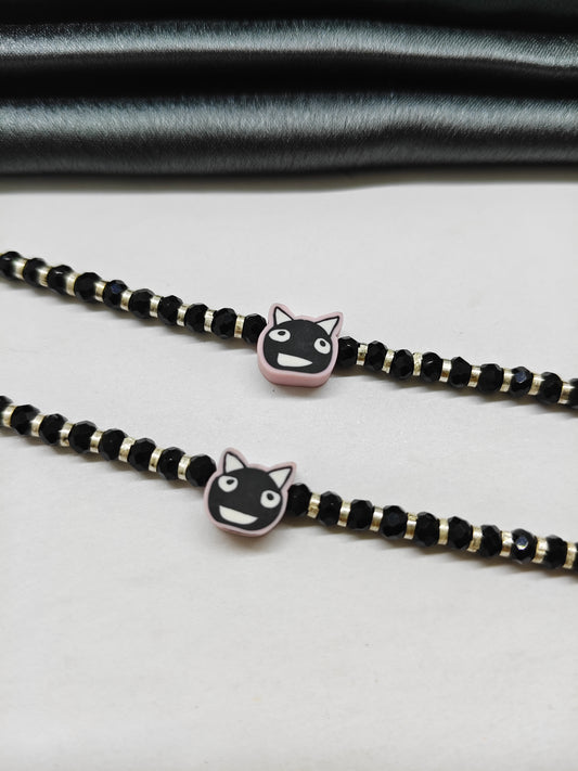925 Silver Kids Nazariya Silver With Black Beads Rubber Black Cat Design Anklet\Bracelet Pair