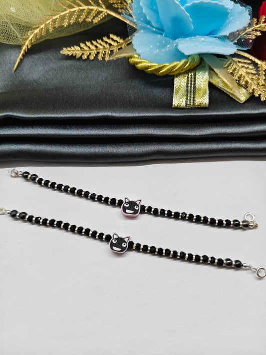 925 Silver Kids Nazariya Silver With Black Beads Rubber Black Cat Design Anklet\Bracelet Pair