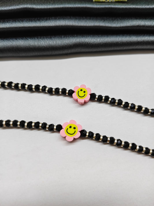925 Silver Kids Nazariya Silver With Black Beads Rubber Pink With Yellow Sun Flower Design Anklet\Bracelet Pair