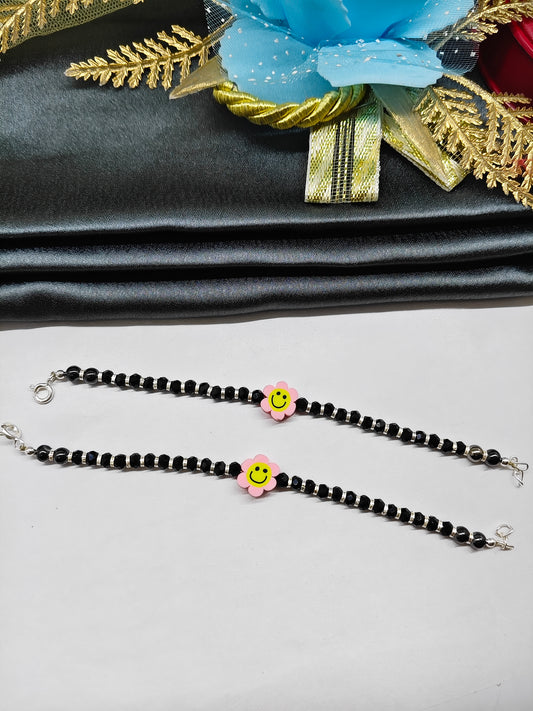 925 Silver Kids Nazariya Silver With Black Beads Rubber Pink With Yellow Sun Flower Design Anklet\Bracelet Pair