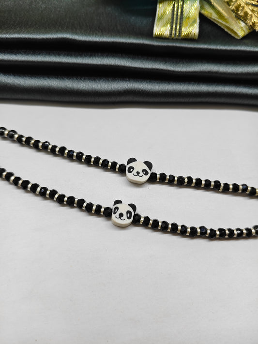 925 Silver Kids Nazariya Silver With Black Beads Rubber Panda Design Anklet\Bracelet Pair