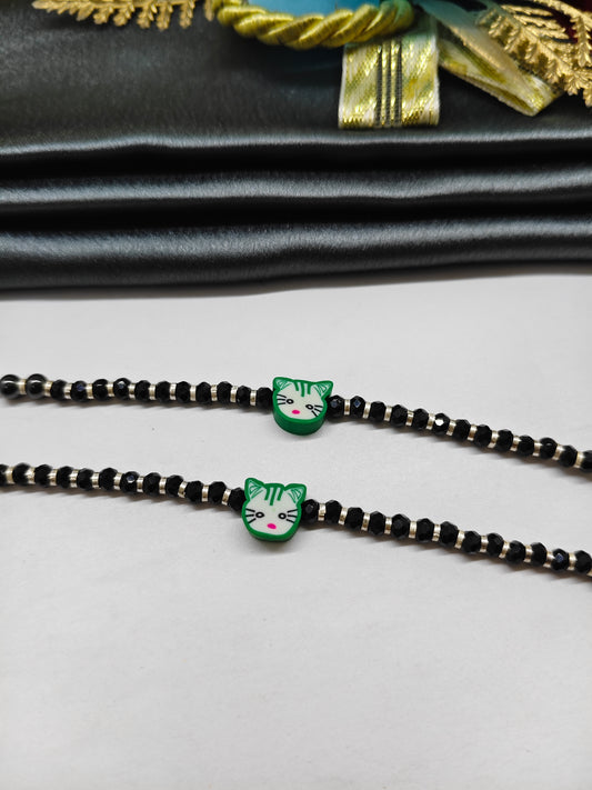 925 Silver Kids Nazariya Silver With Black Beads Rubber Green Cat Design Anklet\Bracelet Pair