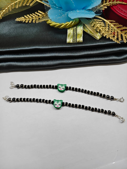 925 Silver Kids Nazariya Silver With Black Beads Rubber Green Cat Design Anklet\Bracelet Pair