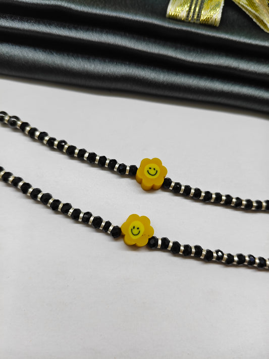 925 Silver Kids Nazariya Silver With Black Beads Rubber Yellow Sunflower Design Anklet\Bracelet Pair