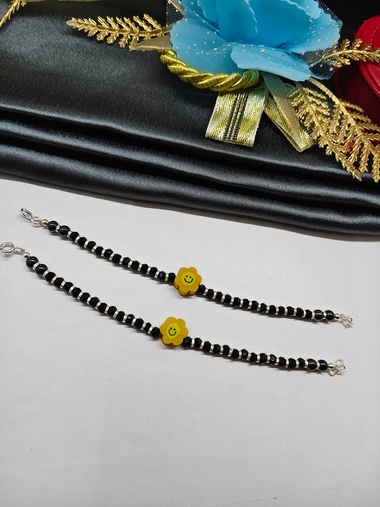 925 Silver Kids Nazariya Silver With Black Beads Rubber Yellow Sunflower Design Anklet\Bracelet Pair
