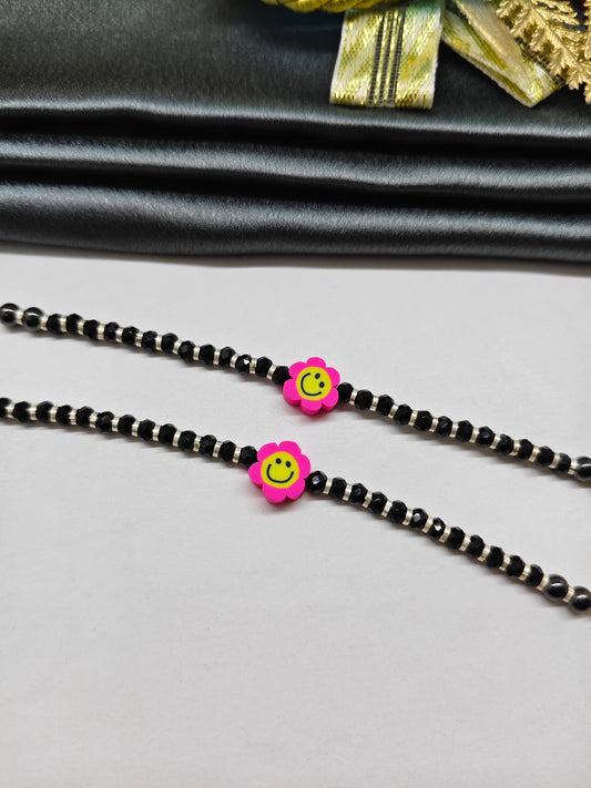 925 Silver Kids Nazariya Silver With Black Beads Rubber Pink With Yellow Sunflower Design Anklet\Bracelet Pair