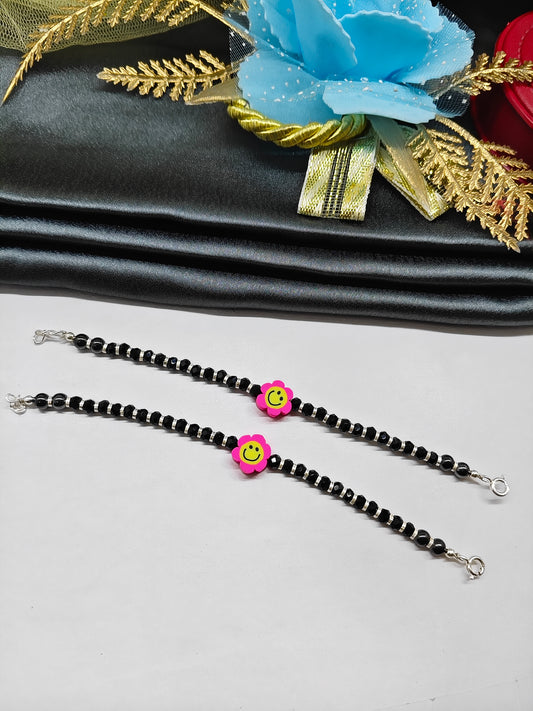 925 Silver Kids Nazariya Silver With Black Beads Rubber Pink With Yellow Sunflower Design Anklet\Bracelet Pair