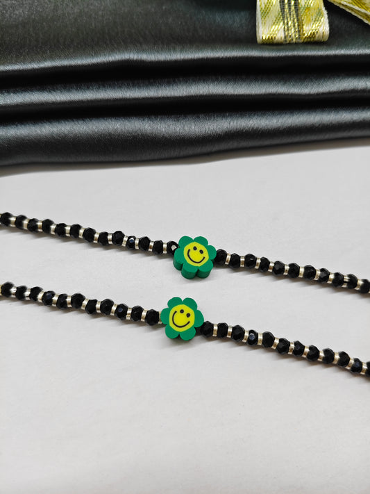 925 Silver Kids Nazariya Silver With Black Beads Rubber Green With Yellow Sunflower Design Anklet\Bracelet Pair