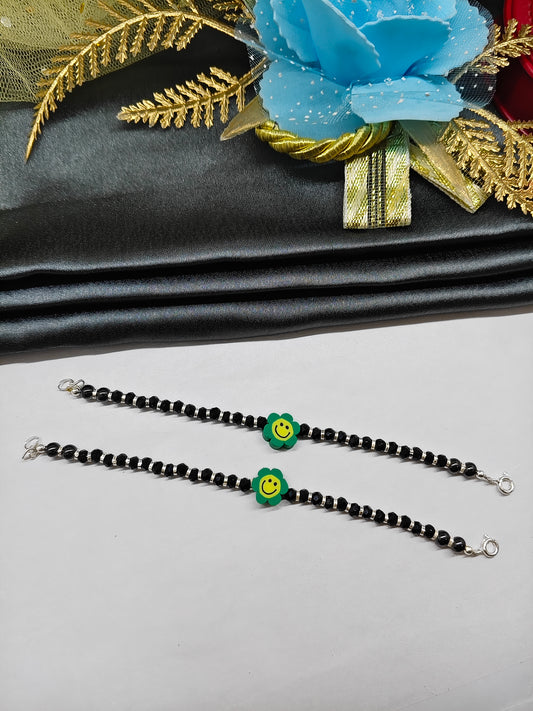 925 Silver Kids Nazariya Silver With Black Beads Rubber Green With Yellow Sunflower Design Anklet\Bracelet Pair
