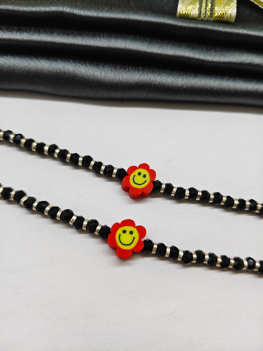 925 Silver Kids Nazariya Silver With Black Beads Rubber Red With Yellow Sunflower Design Anklet\Bracelet Pair
