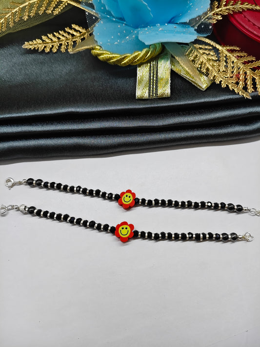 925 Silver Kids Nazariya Silver With Black Beads Rubber Red With Yellow Sunflower Design Anklet\Bracelet Pair