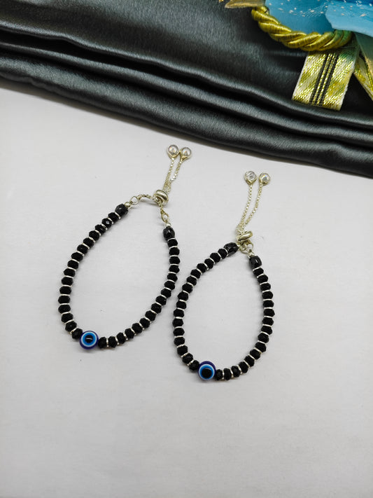 925 Silver Kids Nazariya Silver,Black Beads Evil Eye With Single White Design Adjustable Anklet\Bracelet Pair
