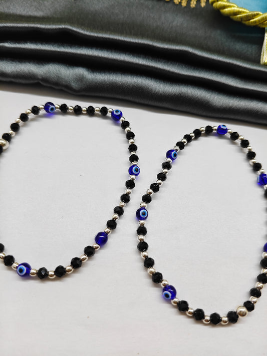 925 Silver Medium Size Nazariya Silver Beads With Black Beads 6 Small Evil Eye in Plastic Stretchable Anklet Pair