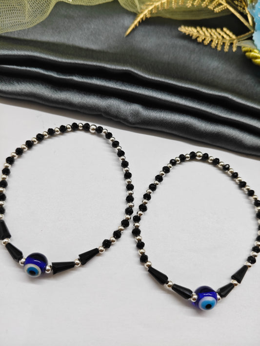 925 Silver Medium Size Nazariya Silver Beads With Black Beads Single Evil Eye in Plastic Stretchable Anklet Pair