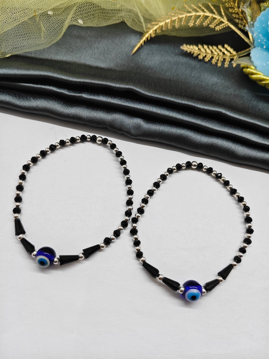 925 Silver Medium Size Nazariya Silver Beads With Black Beads Single Evil Eye in Plastic Stretchable Anklet Pair