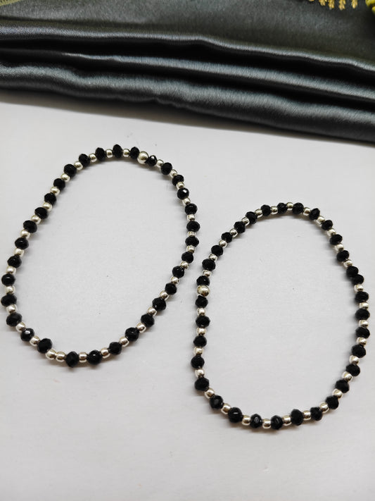 925 Silver Medium Size Nazariya Silver Beads With Black Beads in Plastic Stretchable Anklet\Bracelet Pair