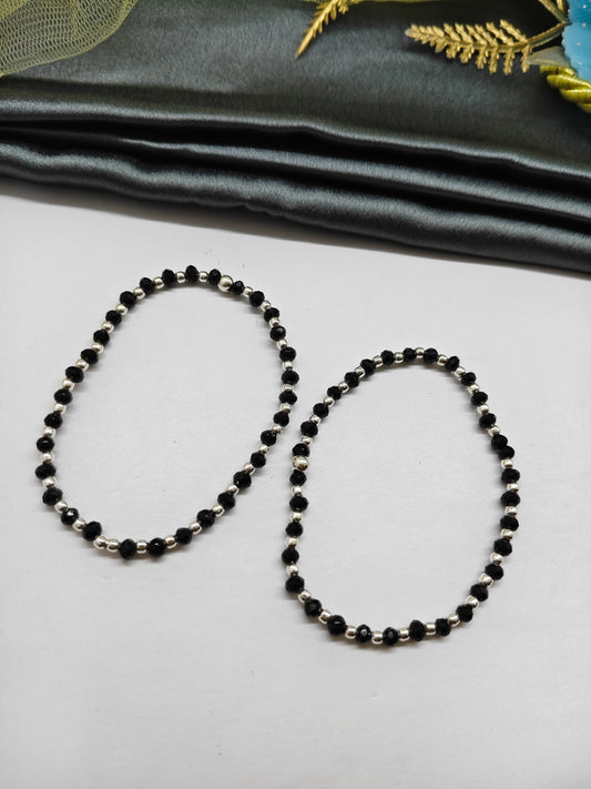 925 Silver Medium Size Nazariya Silver Beads With Black Beads in Plastic Stretchable Anklet\Bracelet Pair
