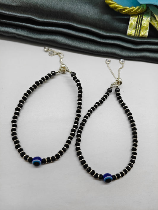 925 Silver Medium Size Nazariya Silver,Black Beads Evil Eye With Single  White Design Adjustable Anklet\Bracelet Pair