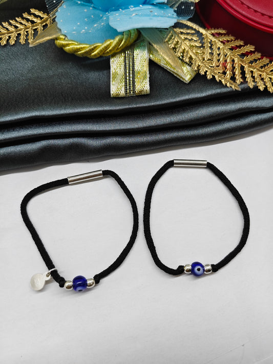 925 Silver Kids Nazariya Silver Beads With Evil Eye Design Stretchable Thread Anklet Pair