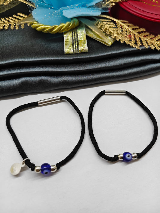 925 Silver Kids Nazariya Silver Beads With Evil Eye Design Stretchable Thread Anklet Pair