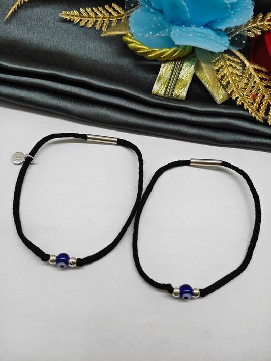 925 Silver Adults Nazariya Silver Beads With Evil Eye Design Stretchable Thread Anklet Pair