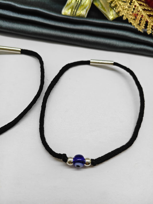 925 Silver Adults Nazariya Silver Beads With Evil Eye Design Stretchable Thread Anklet Pair