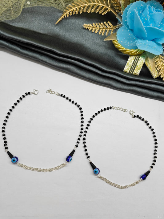 925 Silver Adults Nazariya Silver, Black Beads With Double Side Evil Eye Design Anklet Pair