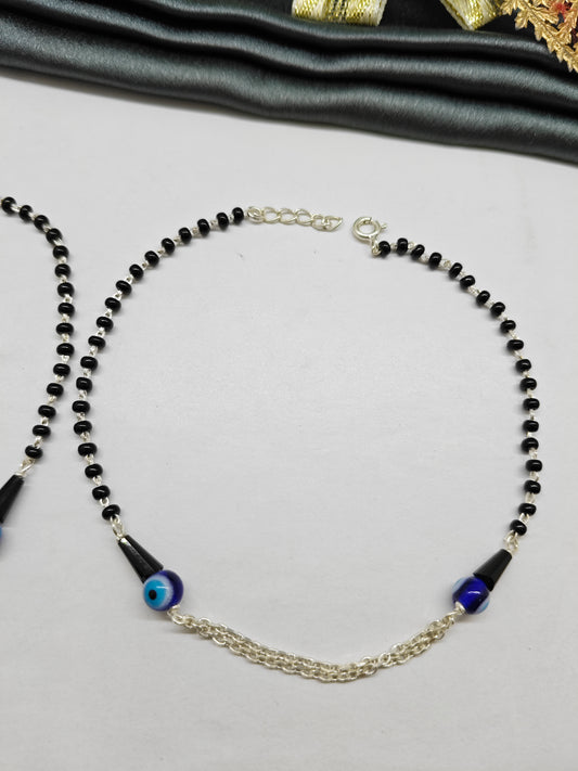 925 Silver Adults Nazariya Silver, Black Beads With Double Side Evil Eye Design Anklet Pair