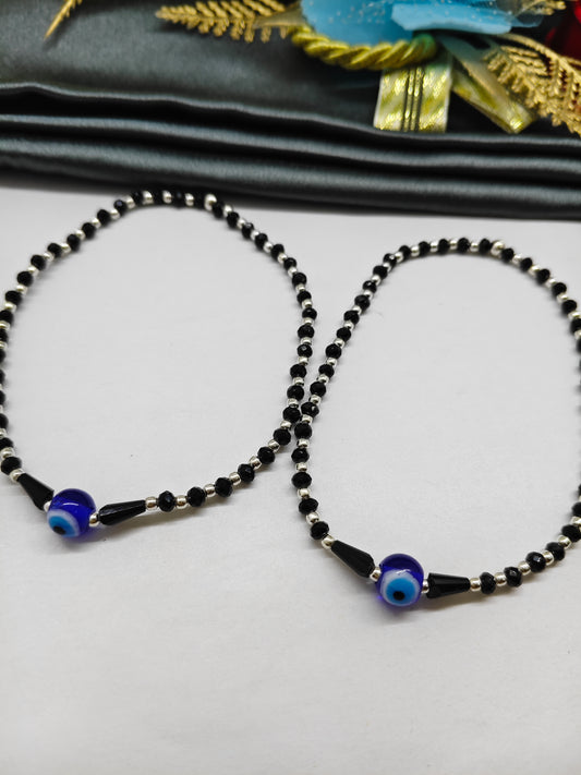 925 Silver Adults Nazariya Silver Beads With Black Beads Single Evil Eye in Plastic Stretchable Anklet Pair