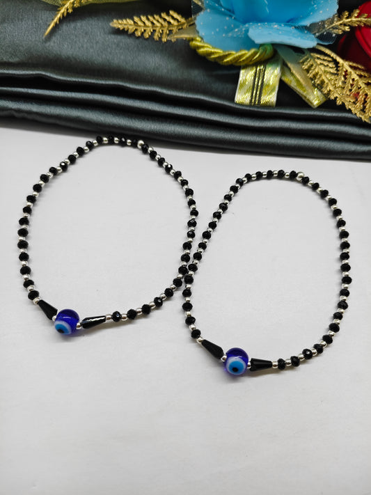 925 Silver Adults Nazariya Silver Beads With Black Beads Single Evil Eye in Plastic Stretchable Anklet Pair