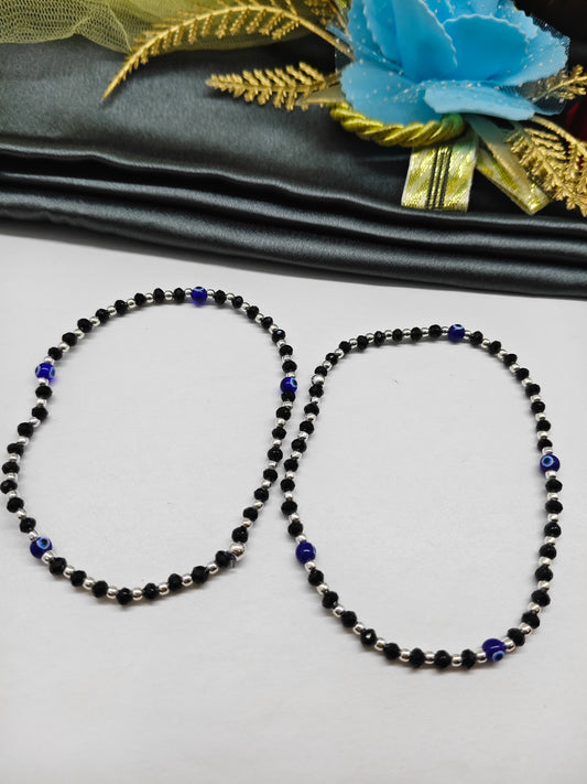 925 Silver Adults Nazariya Silver Beads With Black Beads 4 Small Evil Eye in Plastic Stretchable Anklet Pair