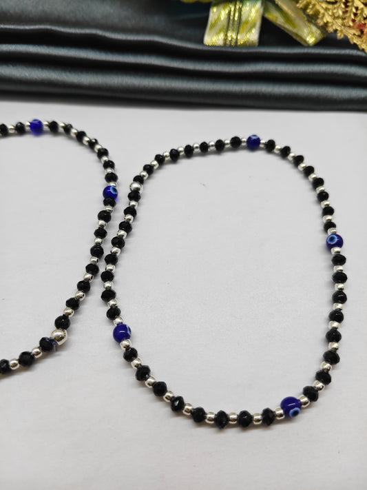 925 Silver Adults Nazariya Silver Beads With Black Beads 4 Small Evil Eye in Plastic Stretchable Anklet Pair
